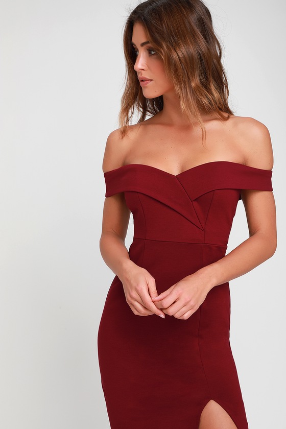 red off shoulder midi dress