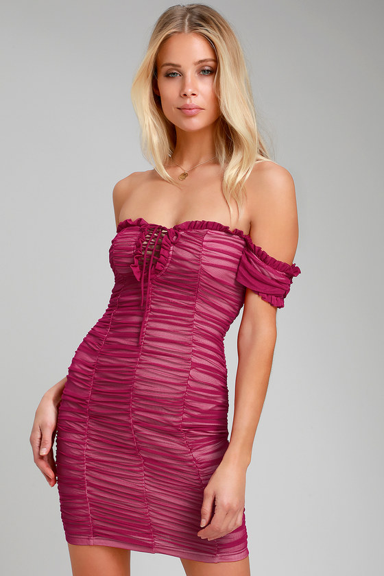 Fuchsia Bodycon Dress - Off-the-Shoulder Dress - Ruched Dress - Lulus