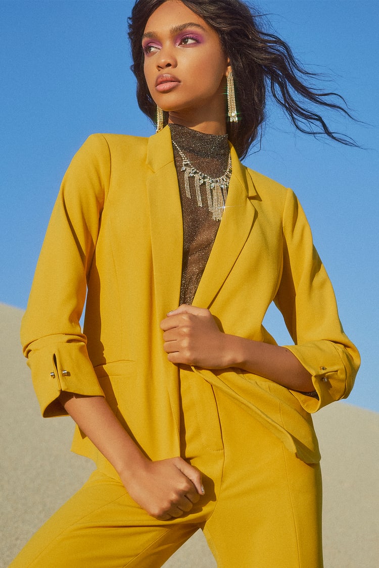 Chic Yellow Blazer - Open Front Blazer - Ruched Sleeve Blazer - Lulus