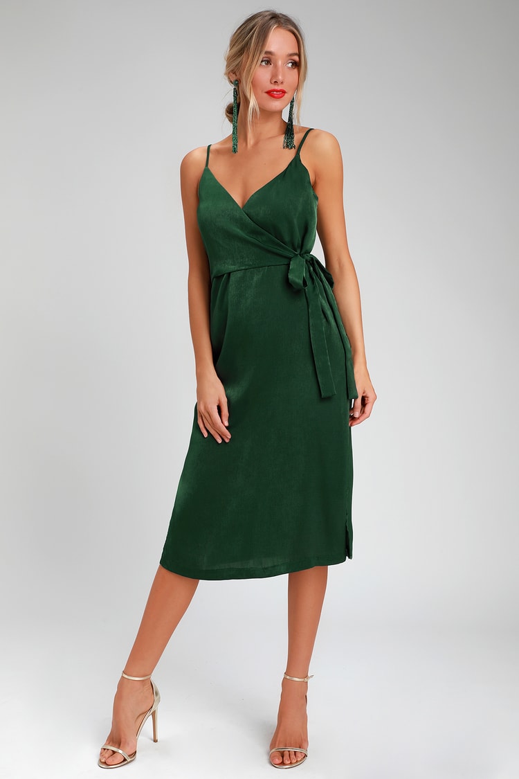 J.O.A. Satin Dress - Wrap Dress - Midi Dress - Green Dress - Lulus