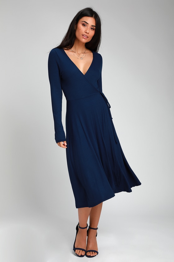 Navy Blue Midi Wrap Dress Discount, 59% OFF | www.ingeniovirtual.com