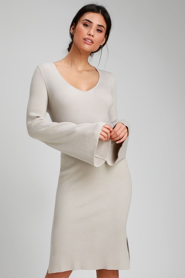 Chic Taupe Sweater Dress - Bell Sleeve Sweater Dress - Knit Dress - Lulus