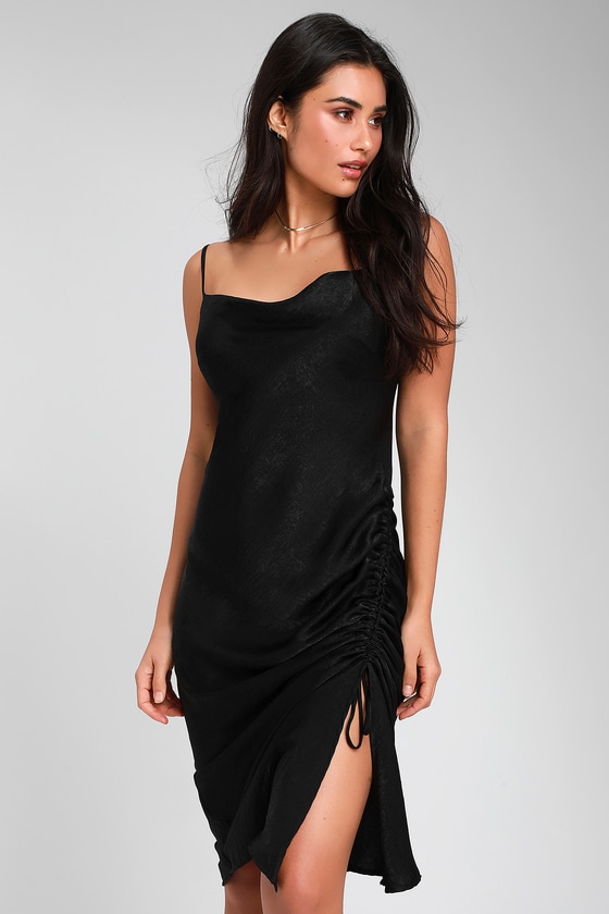 Lovely Black Satin Dress - Ruched Midi Dress - Midi Slip Dress - Lulus