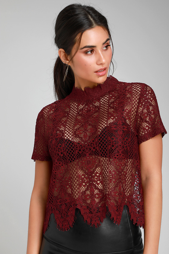 Pretty Burgundy Lace Top - Lace Crop Top - Short Sleeve Lace Top