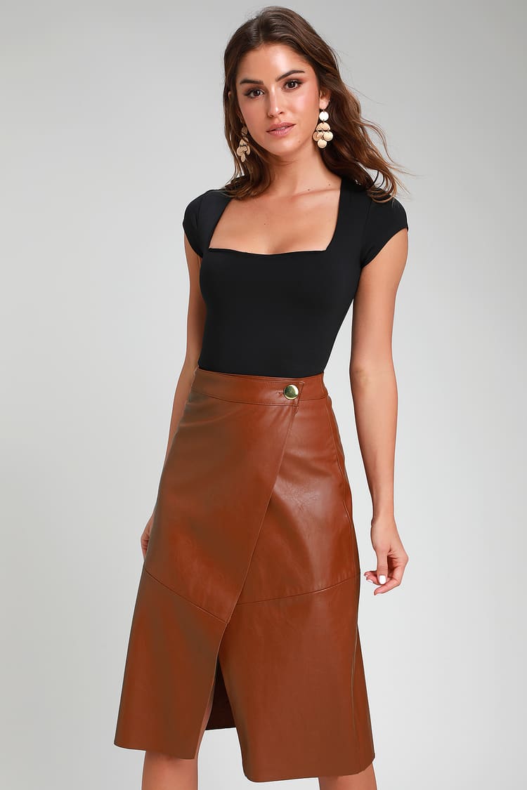 Chic Camel Skirt - Vegan Leather Skirt - Wrap Skirt - Midi Skirt - Lulus