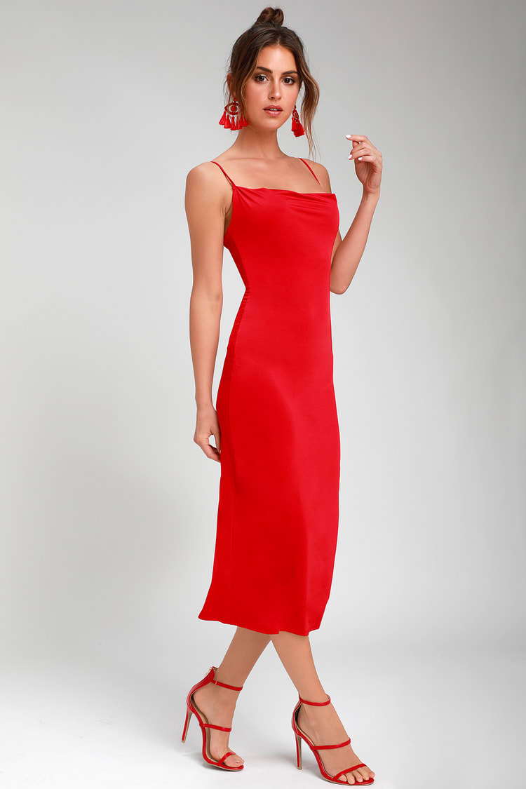 Chic Red Slip Dress - Cowl Neck Slip Dress - Midi Slip Dress - Lulus