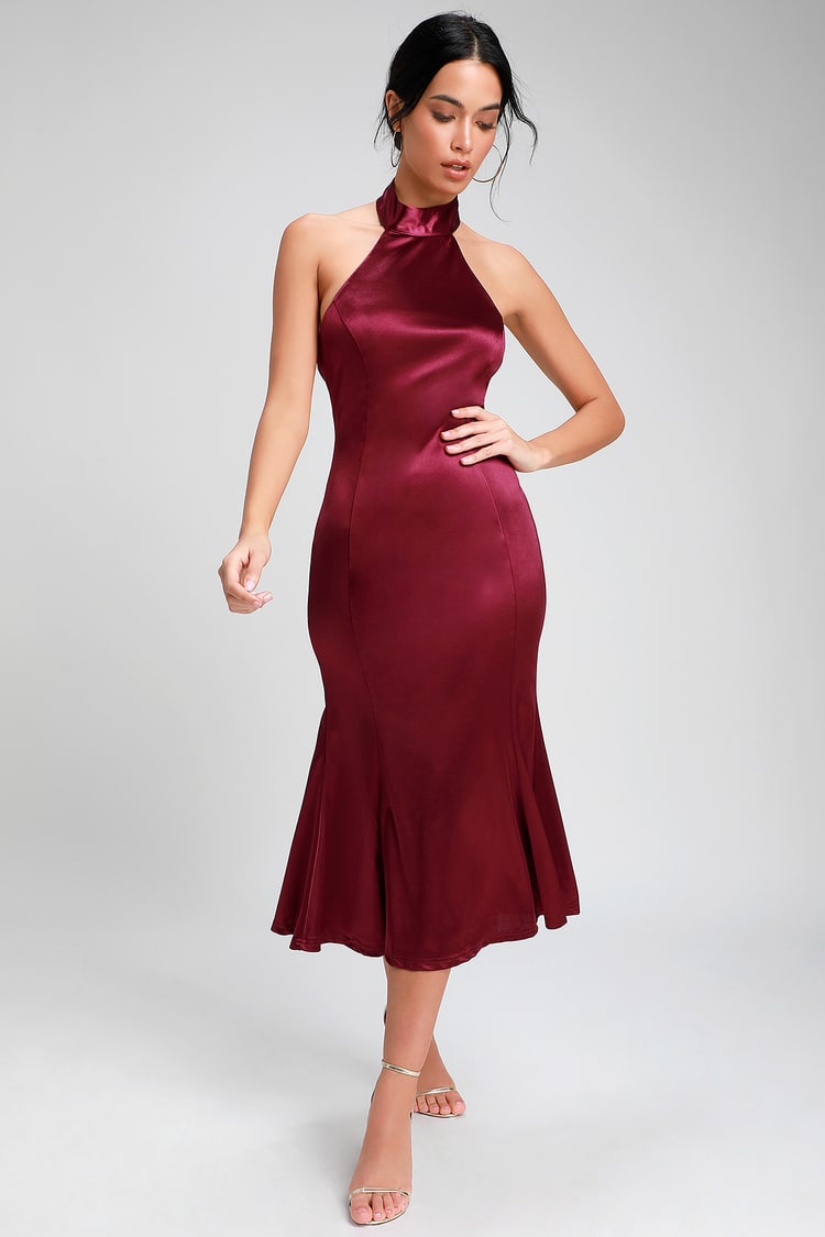 Chic Burgundy Dress - Satin Dress - Halter Dress - Midi Dress - Lulus