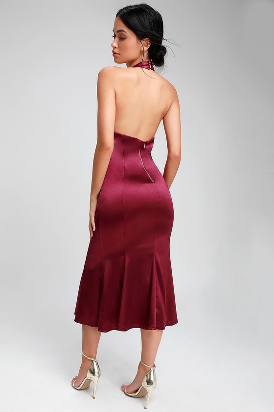 Chic Burgundy Dress - Satin Dress - Halter Dress - Midi Dress - Lulus