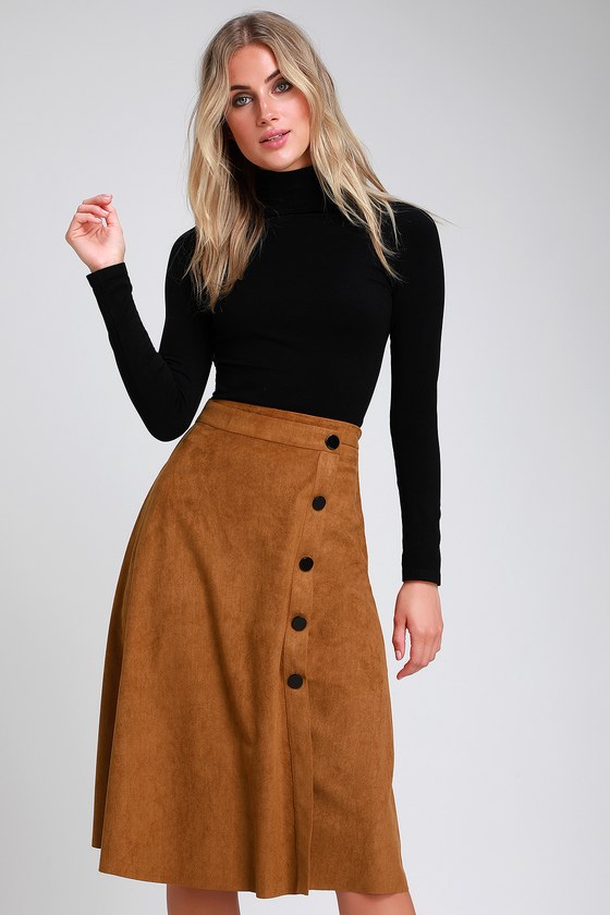 Chic Tan Vegan Suede Skirt Button Front Skirt Midi Skirt Lulus