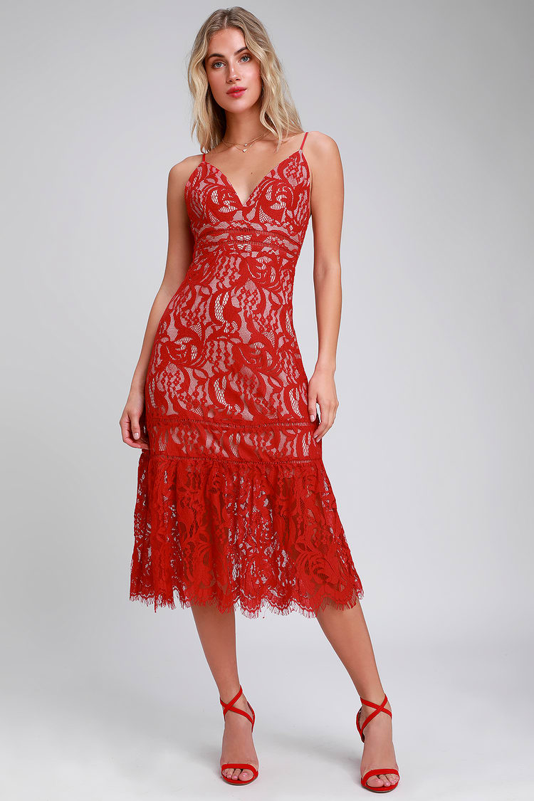 Sexy Red and Nude Dress - Red Lace Dress - Red Midi Dress - Lulus