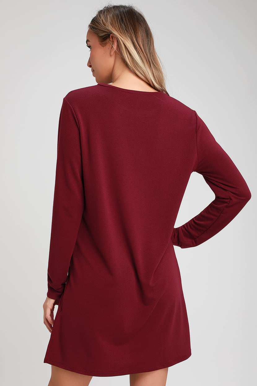 Cute Burgundy Dress - Long Sleeve Shift Dress - Sweater Dress - Lulus