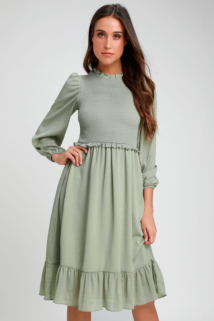 Sage Green Midi Dress - Long Sleeve Dress - Smocked Dress - Lulus