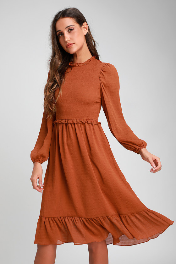 Rust Orange Midi Dress - Long Sleeve Dress - Smocked Dress - Lulus