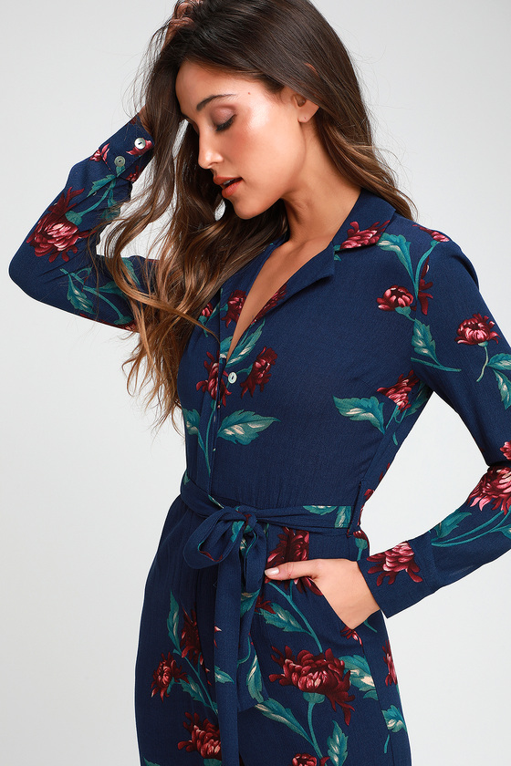 Navy Blue Floral Print Jumpsuit - Long Sleeve Jumpsuit - Jumpsuit - Lulus