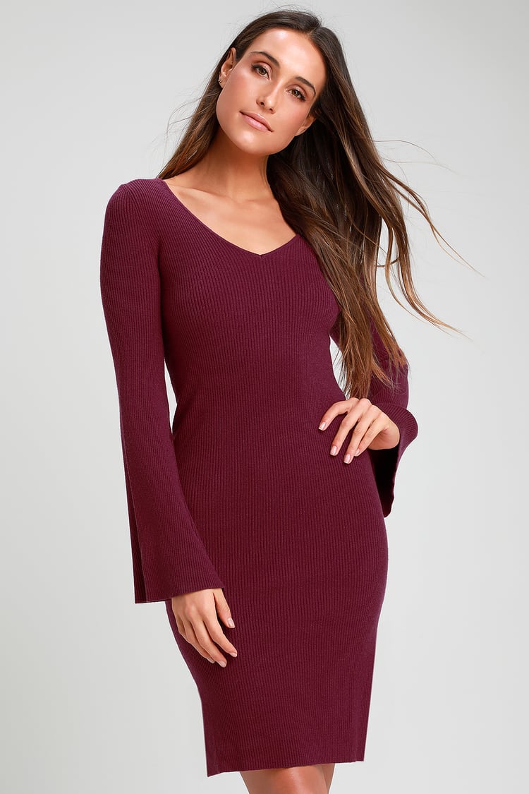 Chic Berry Sweater Dress - Bell Sleeve Sweater Dress - Knit Dress - Lulus