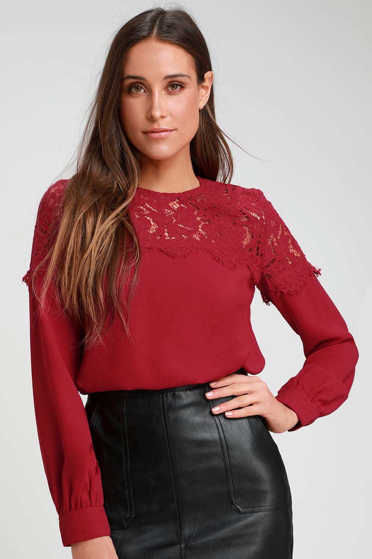 Lace Top - Dark Red Blouse - Long Sleeve Top - Red Top - Lulus