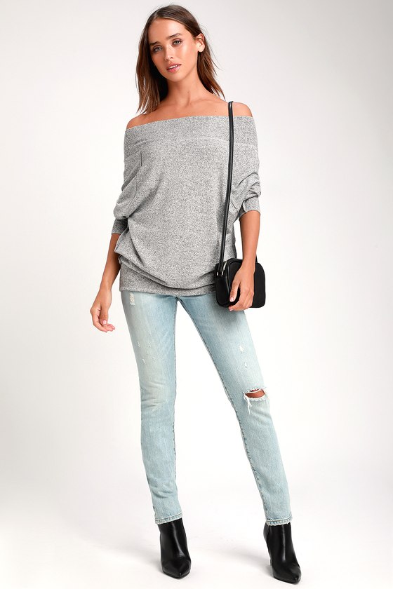 Casual Magic Heather Grey Off-the-Shoulder Sweater Top