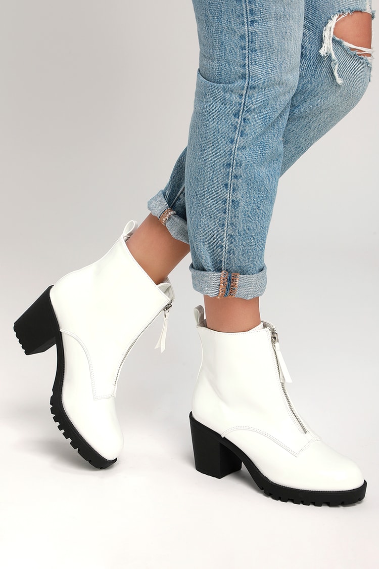 Cool White Patent Boots - Zippered Ankle Boots - Chunky Boots - Lulus
