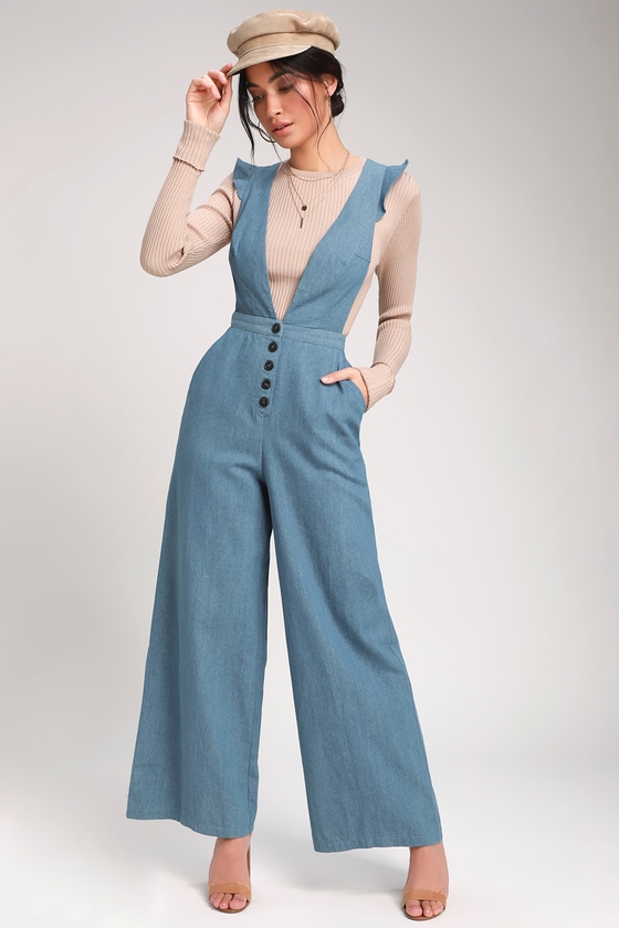 Cedella Light Wash Denim Wide-Leg Overalls