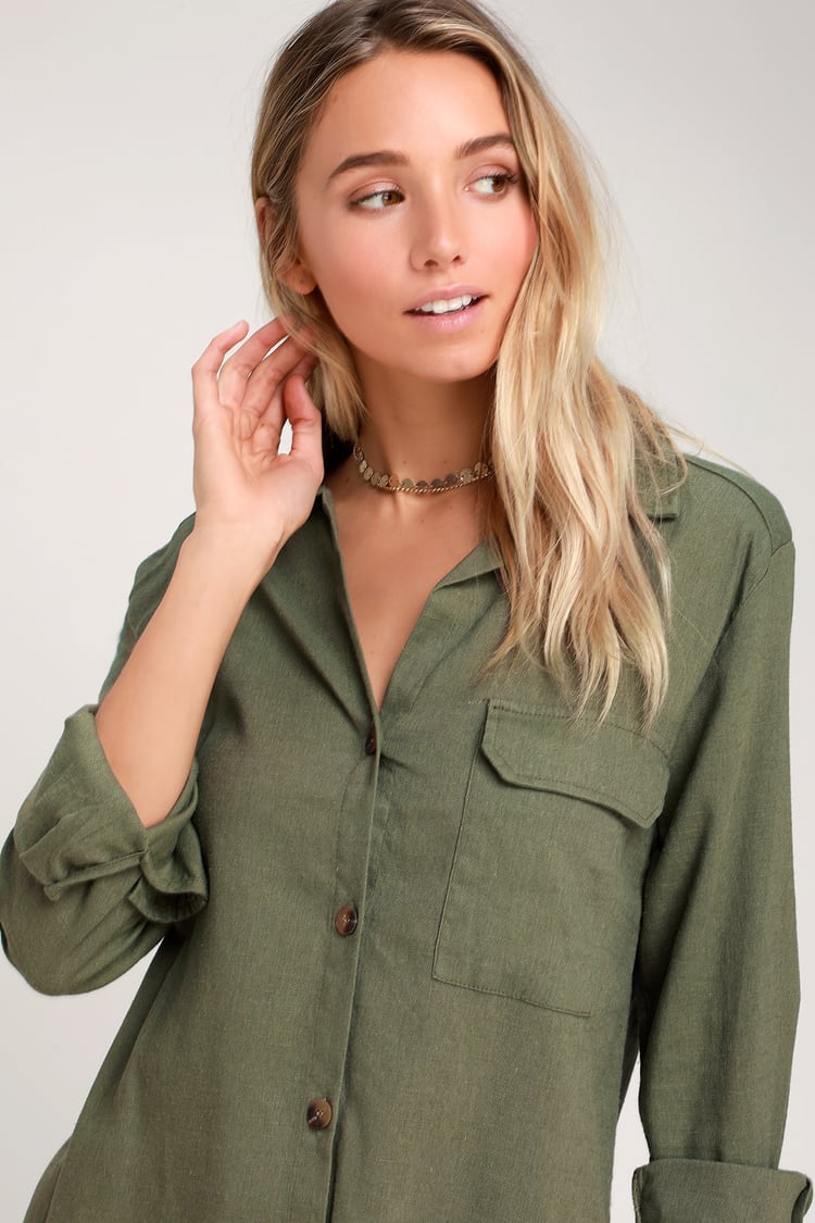 Cute Woven Top - Green Top - Button-Up Top - Long Sleeve Top - Lulus