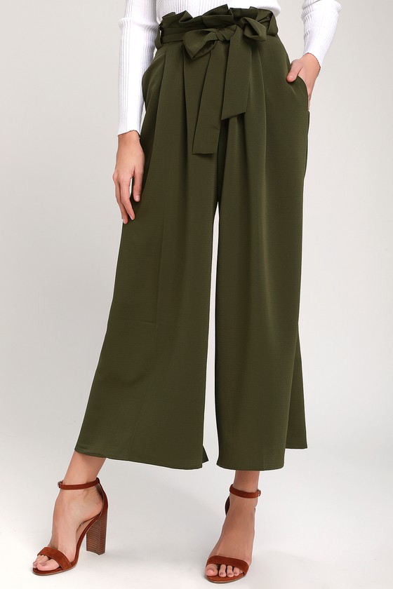 Cute Olive Green Pants - Wide-Leg Pants - Paper Bag Waist Pants - Lulus