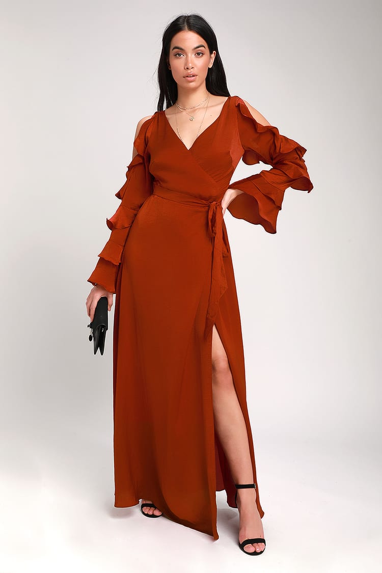 Sexy Rust Red Satin Dress - Satin Wrap Dress - Wrap Maxi Dress - Lulus