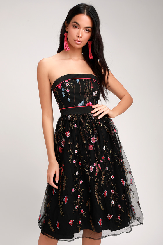 Lovely Black Embroidered Dress - Strapless Dress - Midi Dress - Lulus