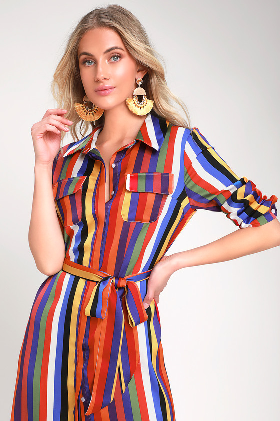 Cute Rainbow Striped Dress Long Sleeve Dress Shirt Dress Lulus