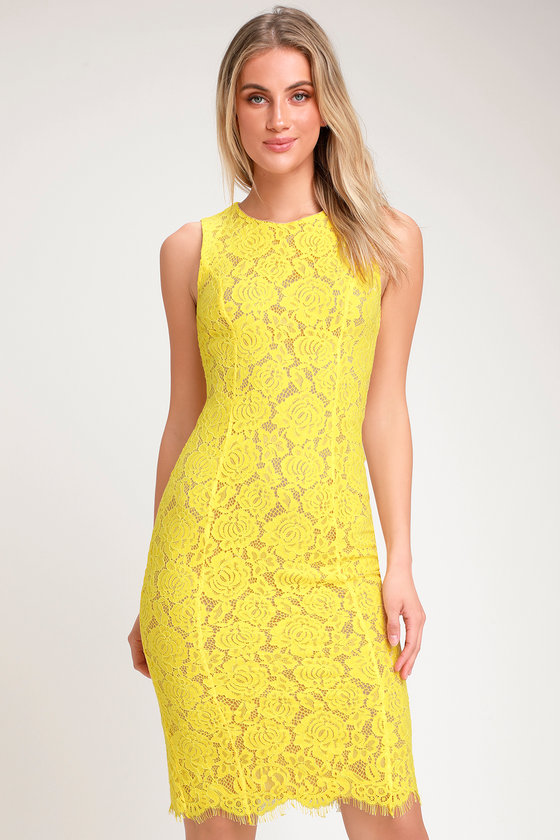 Chic Yellow Dress Lace Dress Midi Dress Sleeveless Dress Lulus 1434