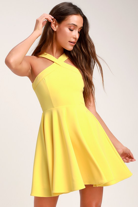 Chic Yellow Dress Skater Dress Halter Dress Short Dress Lulus