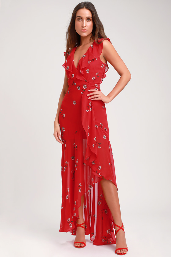 Lovely Red Floral Print Dress - Ruffled Dress - Sleeveless Maxi - Lulus