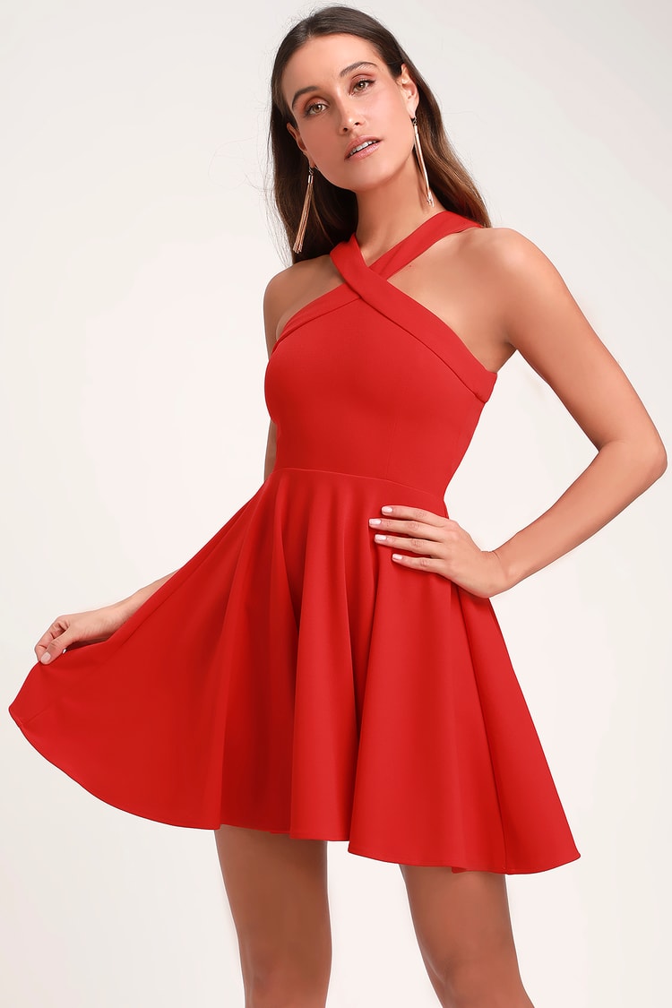Chic Red Dress - Skater Dress - Halter Dress - Short Dress - Lulus