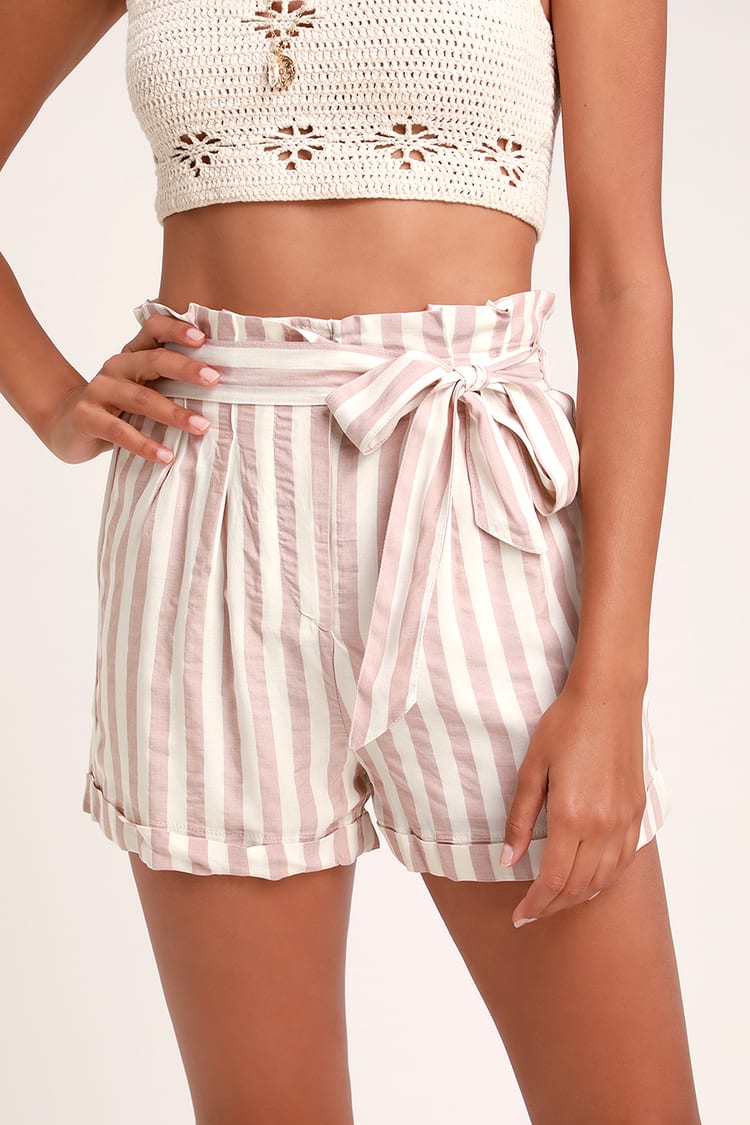 Cute Mauve Striped Shorts - Paper Bag Waist Shorts - Shorts - Lulus