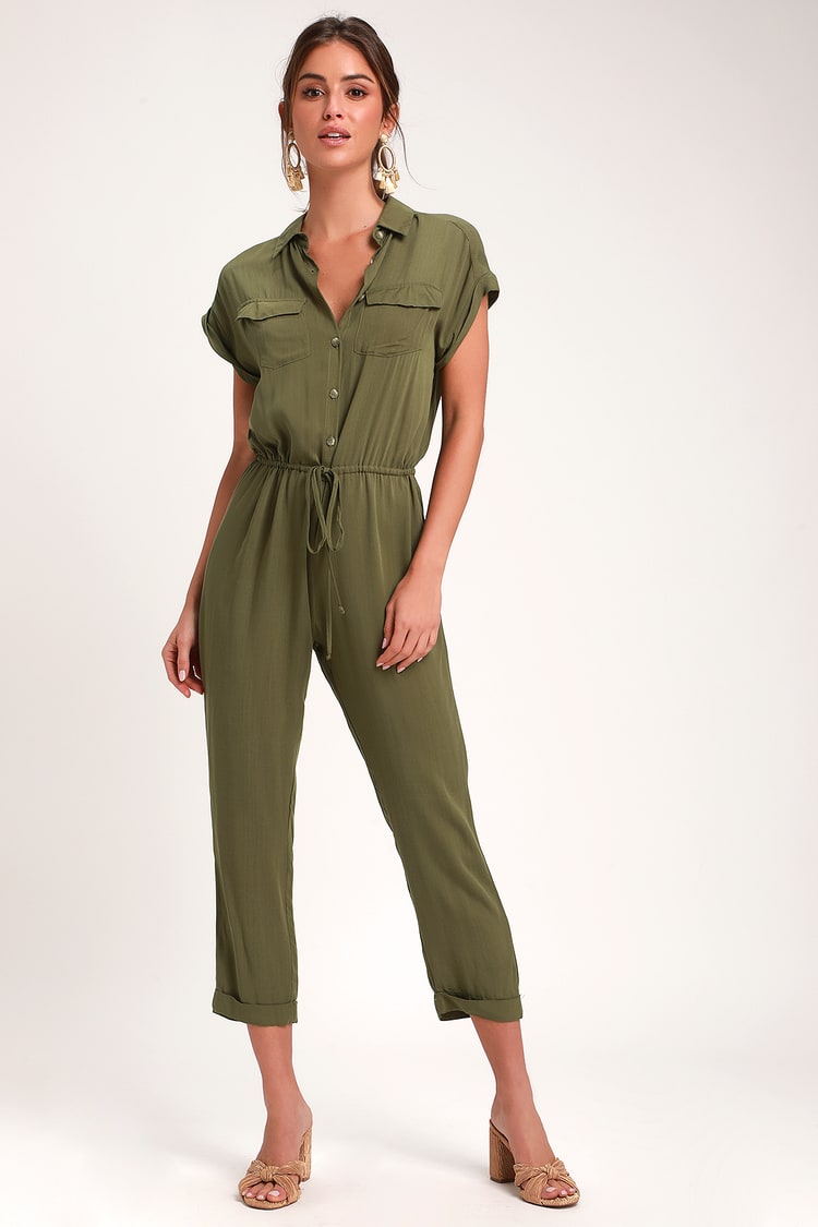 Olive Green Jumpsuit - Button-Up Jumpsuit - Drawstring Jumpsuit - Lulus
