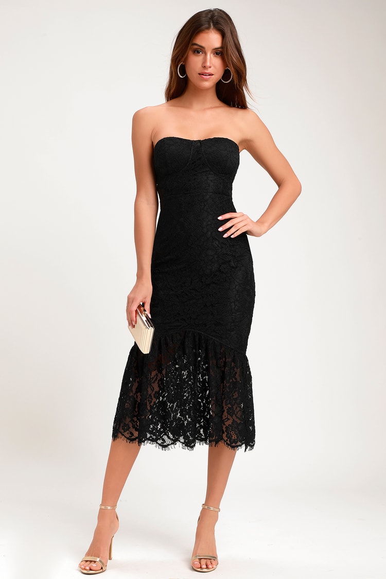 Black Chantilly Lace Strapless Dress in Black - Hearts & Roses London