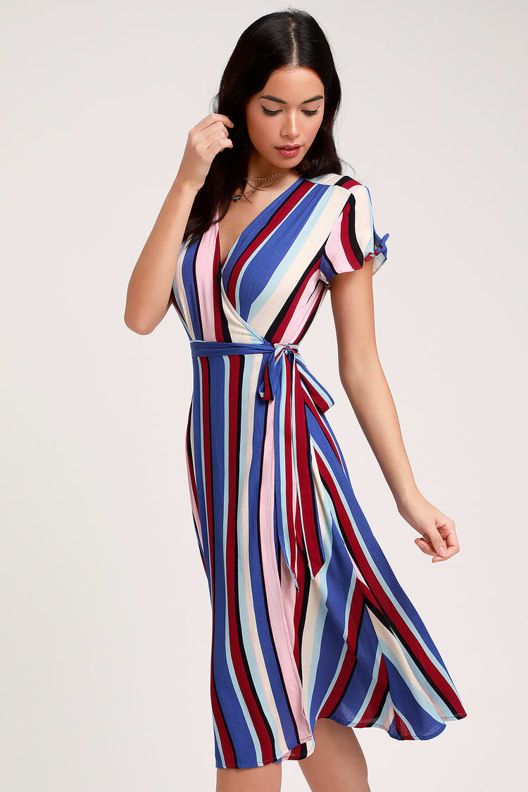 Cute Midi Wrap Dress - Blue Multi Dress - Striped Midi Dress - Lulus