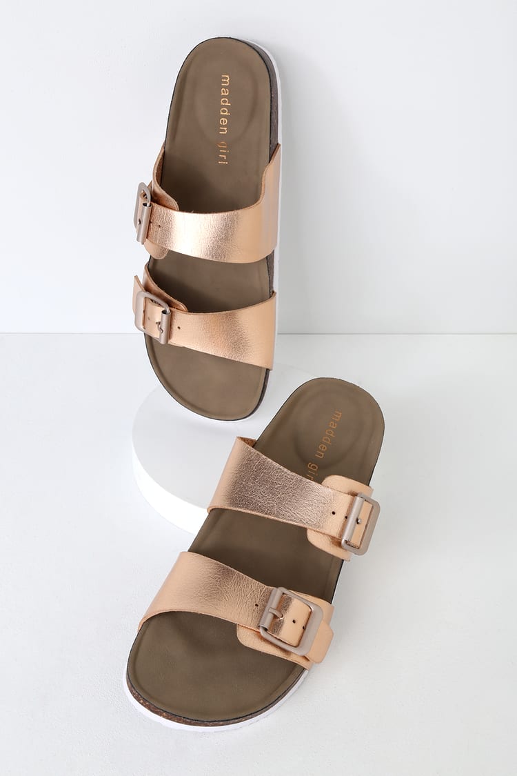 Madden Girl Brando - Rose Gold and White Buckled Slide Sandals - Lulus