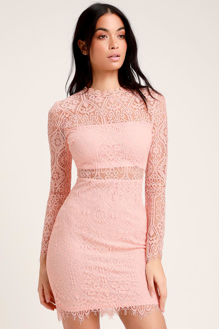 Sexy Blush Pink Dress - Blush Lace Dress - Long Sleeve Lace Dress - Lulus