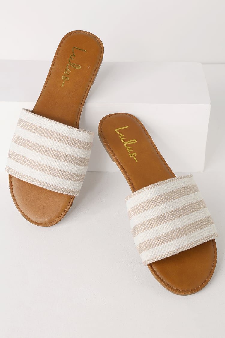 Cute Tan Slides - Striped Slide Sandals - Flat Slide Sandals - Lulus
