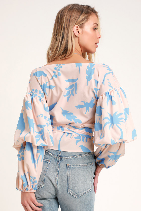 Fun Blush and Blue Print Top - Statement Sleeve Top - Wrap Top