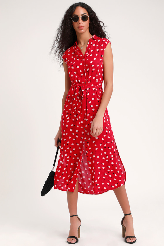 Billabong Little Flirt - Red Print Dress - Button Down Midi Dress - Lulus