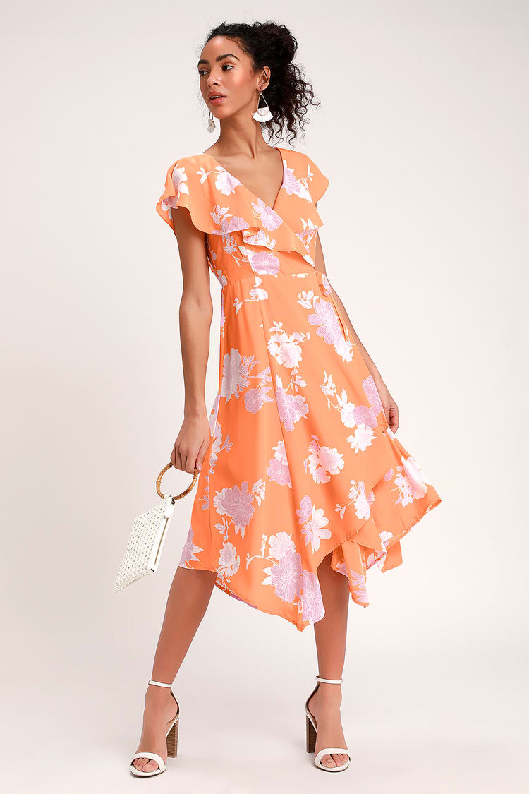 Cute Light Orange Dress - Wrap Dress - Floral Print Wrap Dress - Lulus