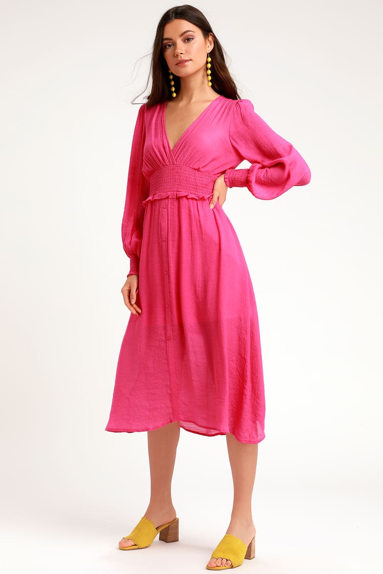 Bright Pink Dress - Midi Dress - Casual Dress - Long Sleeve Dress - Lulus