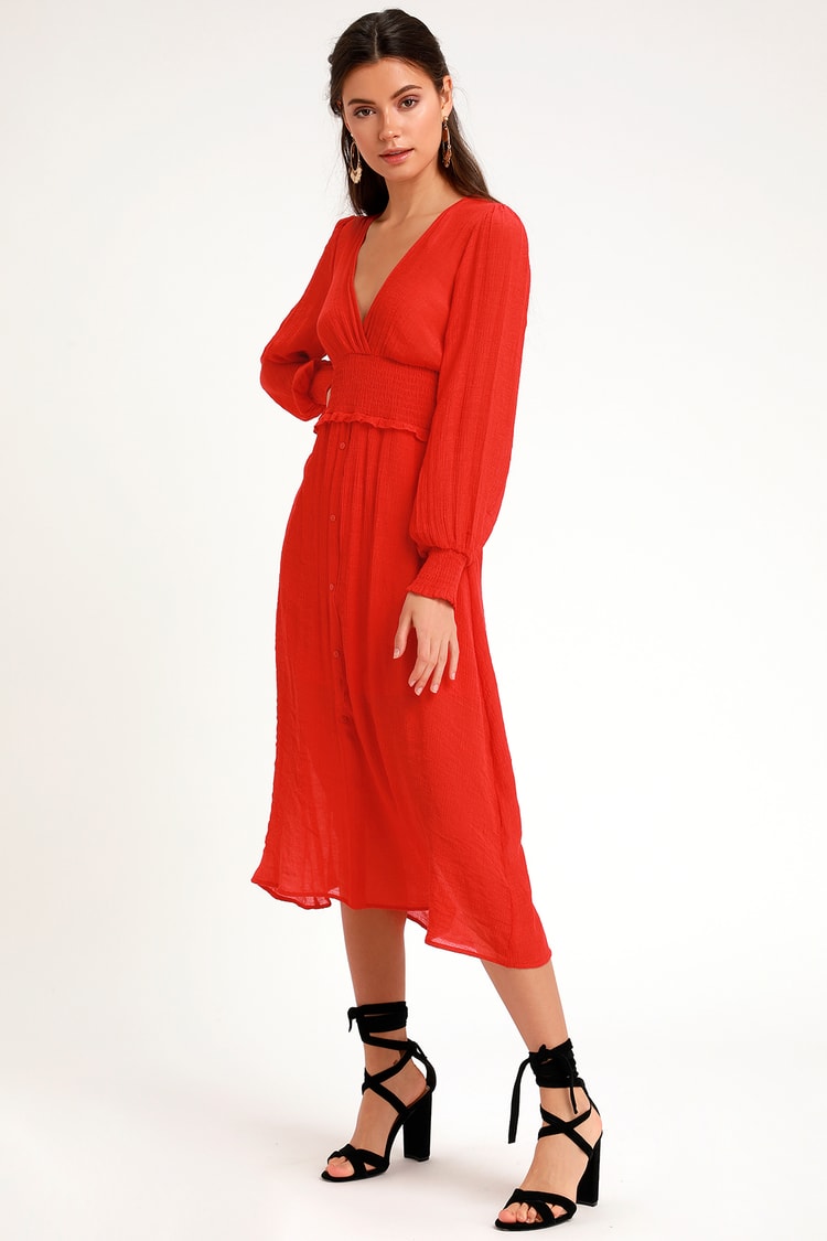 Bright Red Dress - Midi Dress - Casual Dress - Long Sleeve Dress - Lulus