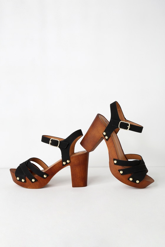 Cute Nubuck Heels - Wooden Platform Heels - Black Nubuck Heels