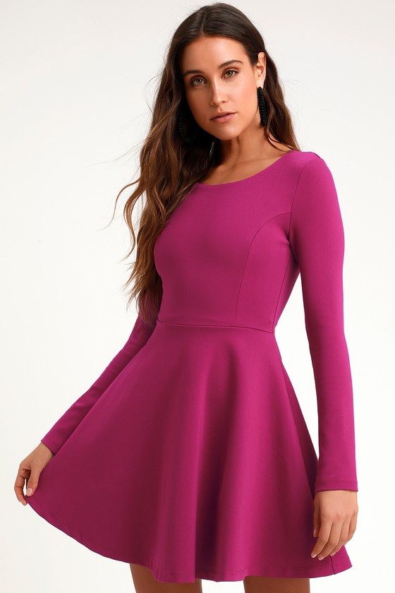 Cute Magenta Dress - Long Sleeve Dress - Skater Dress - Lulus