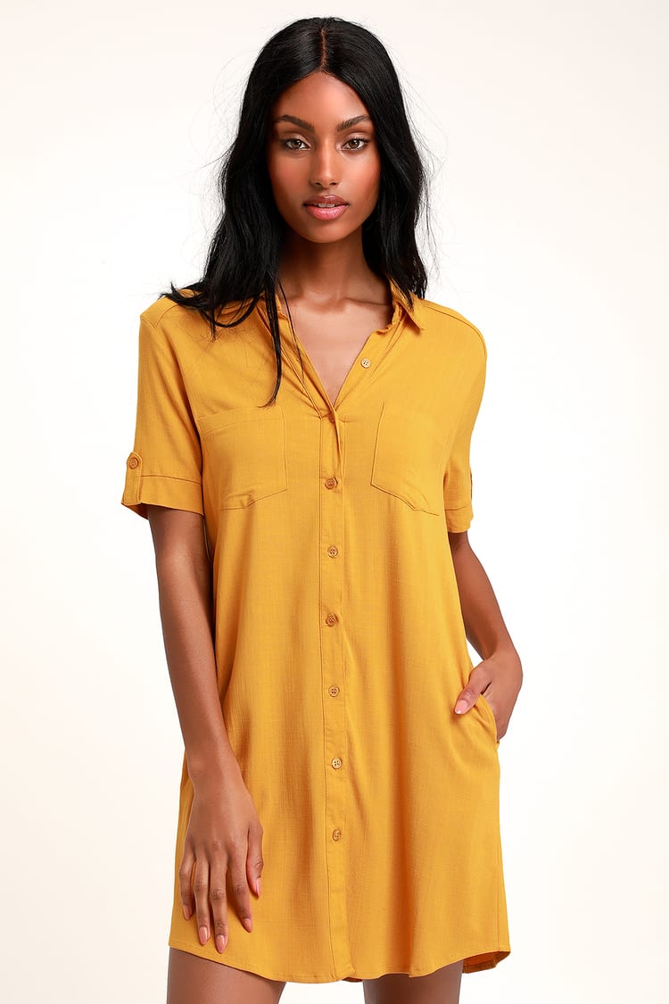 Cute Mustard Yellow Dress - Button-Up Dress - Shirt Dress - Lulus