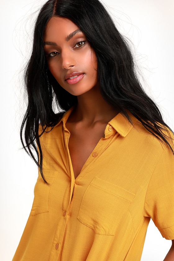 Cute Mustard Yellow Dress Button Up Dress Shirt Dress