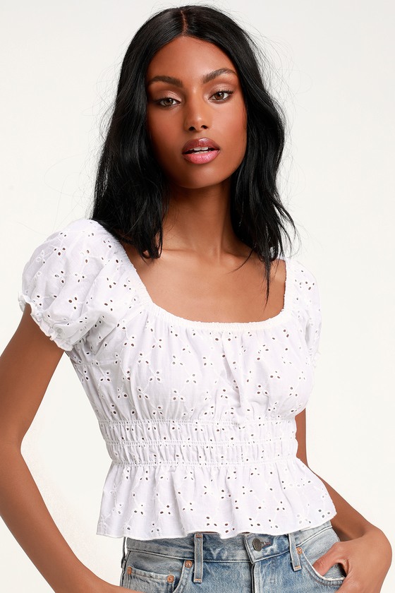 Pretty Puff Sleeve Top - Eyelet Lace White Crop Top - Crop Top - Lulus