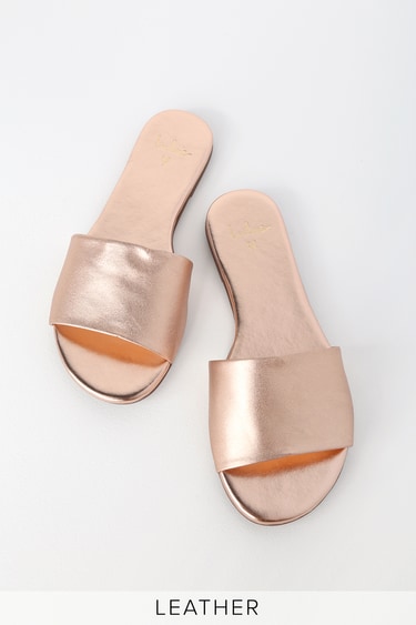 Cute Slide Sandals - Rose Gold Slide Sandals - Leather Slides - Lulus